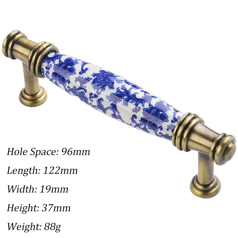 Tiradores de cerámica para armarios y cajones, pomos de puerta redondos con flores azules, tiradores de muebles Vintage, tiradores de armario de bronce antiguo: Azul