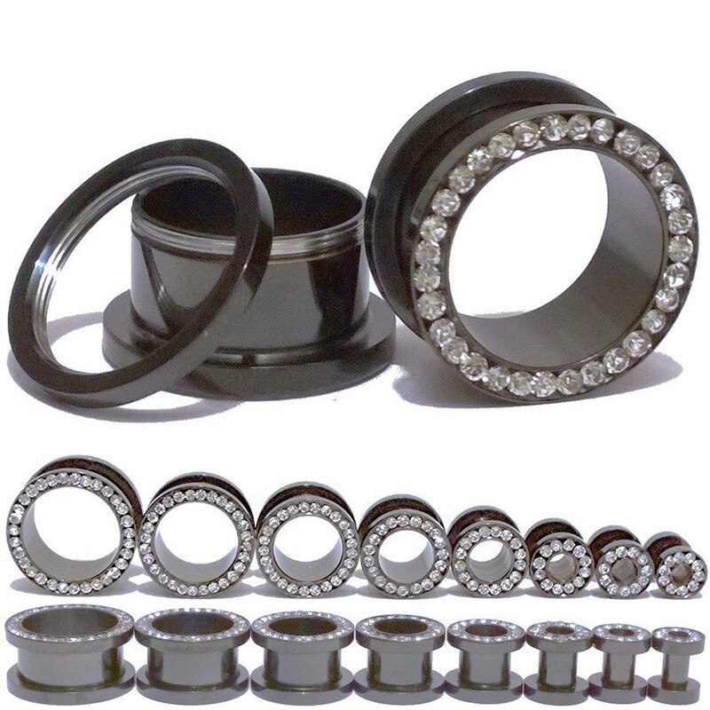 2Pcs Steel Paved Crystal Gem Ear Piercing Tunnel Gauge Black Screw Fit Ear Flesh Plugs Ear Expander Piercing Jewelry 3mm-20mm