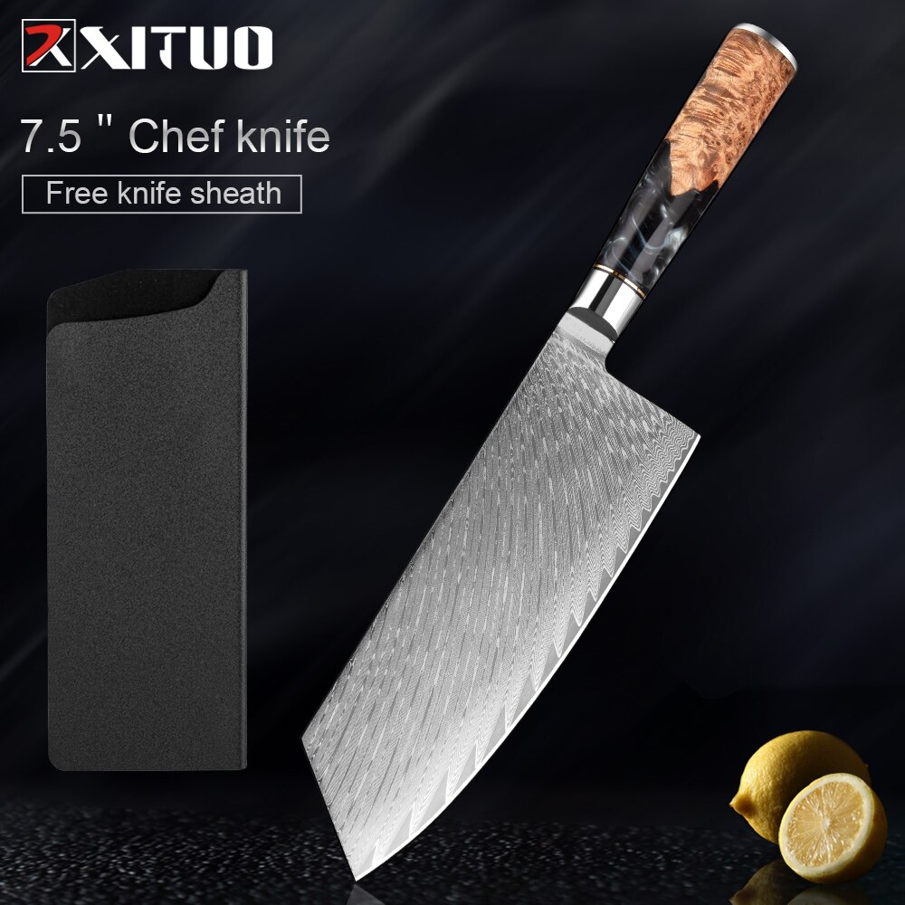 XITUO – ensemble de couteaux de cuisine en acier damas, couteau de chef japonais, couperet à pain utilitaire en résine et manche en bois stabilisé: 7 inch Cleaver knife