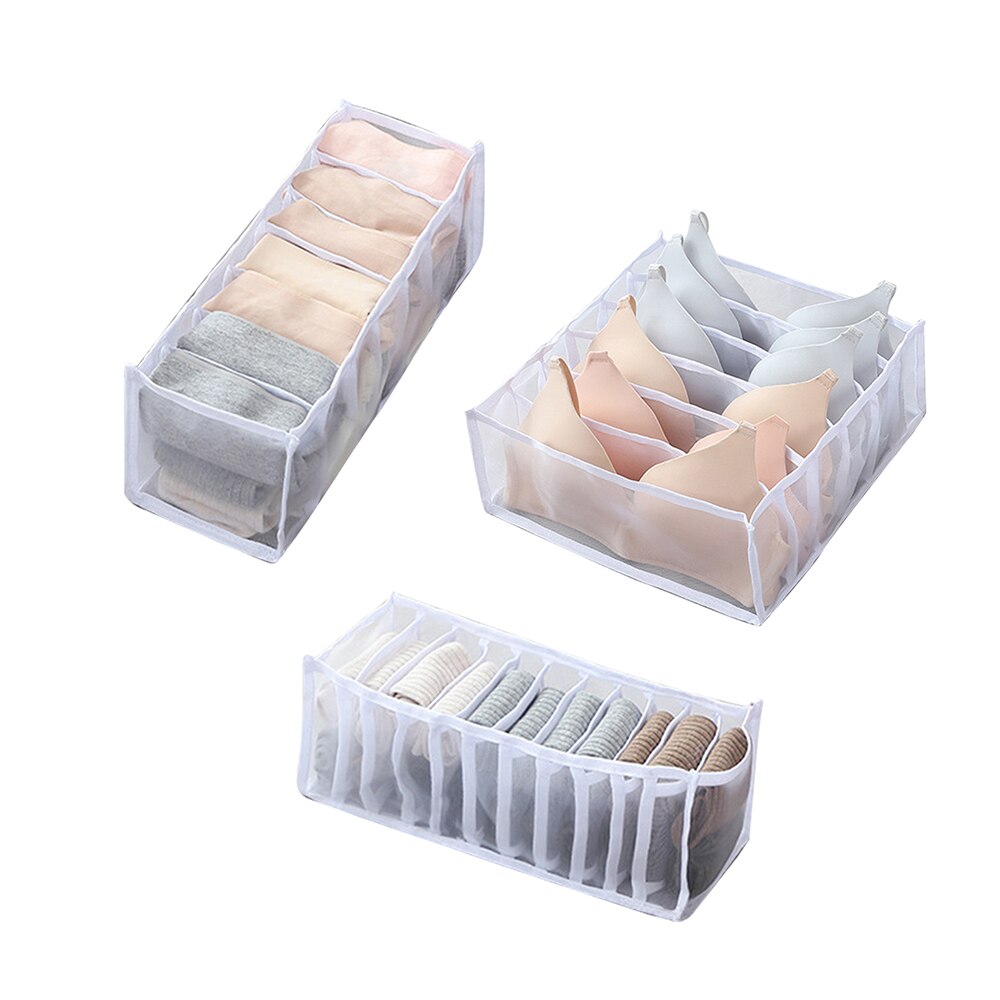 Opvouwbare Ondergoed Opbergdoos Met 6/7/11 Compartimenten Nylon Divider Doos Sokken Bra Underpants Garderobe Drawer Closet Organizer: white 3pcs
