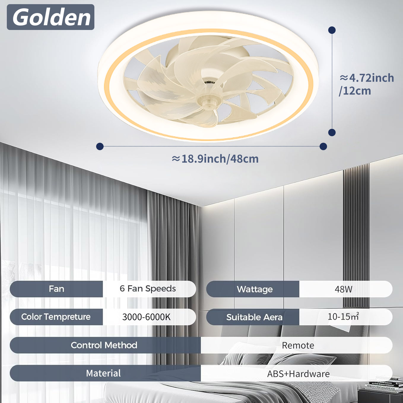 48 centímetros Luz Ventilador de teto, Fina Silenciosa Ventilador de teto com controle remoto, Escurecimento ilimitado, 6 velocidades Ajuste, Quarto Sala: Vermelho