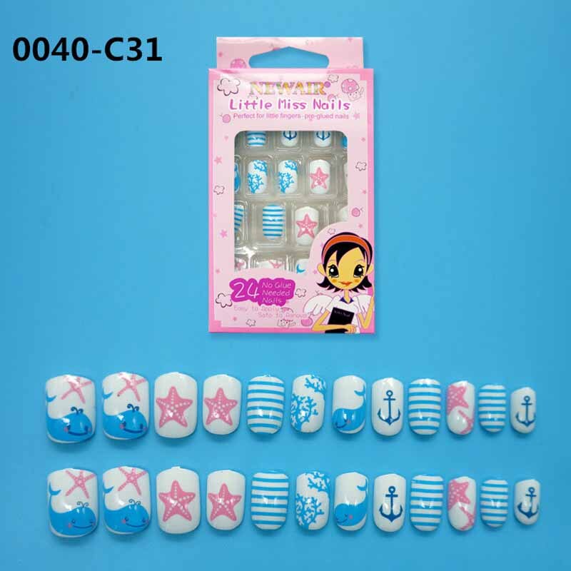 Boîte de faux-ongles courts à pression pour enfants, couverture complète, style différent avec un motif, 24 pièces/boîte, avec colle: style6