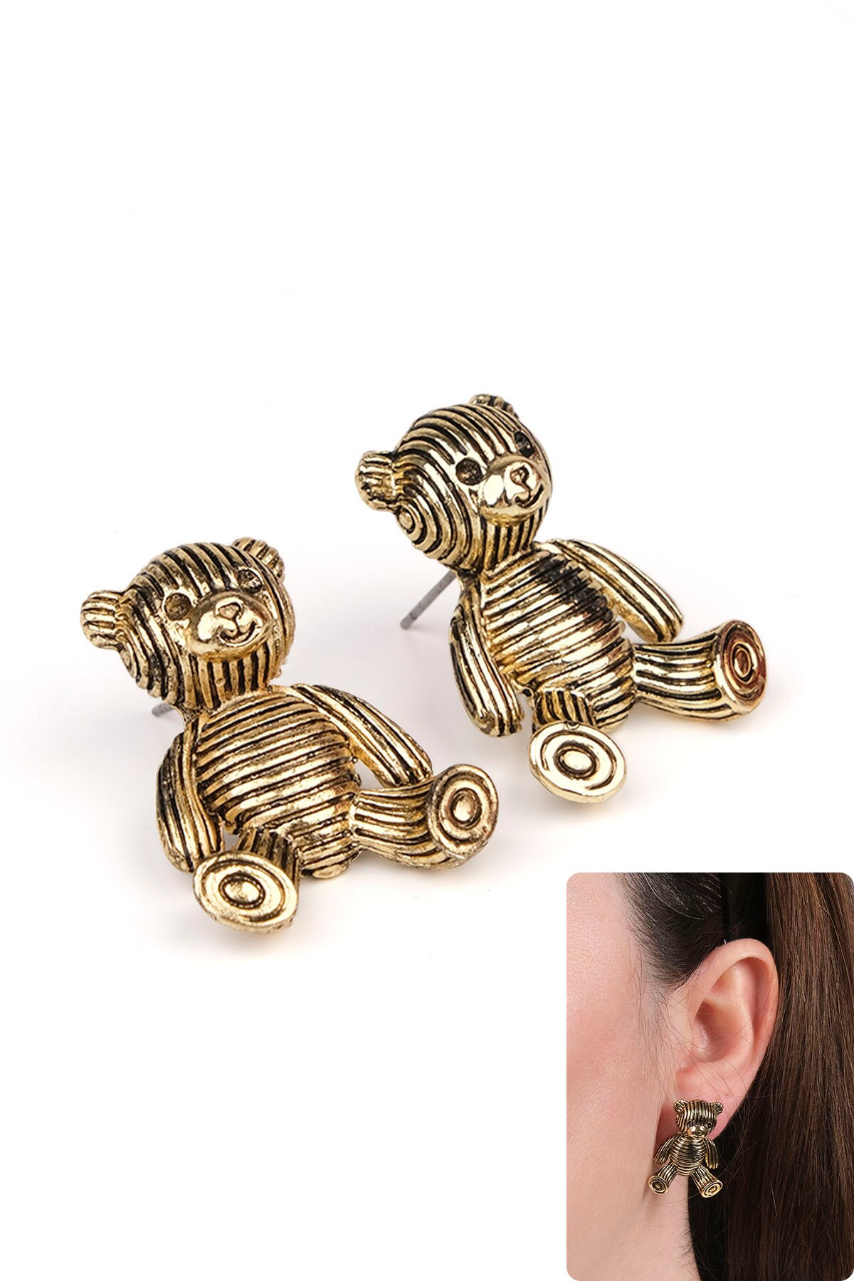 Marjin Women Gold Color Striped Pattern Teddy Bear Earrings