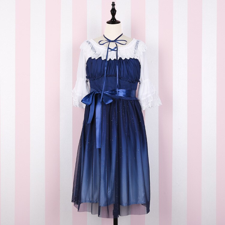 Lolita robe robe japonaise Kawaii femmes ciel étoilé dégradé bleu jarretelle en mousseline de soie robe de fée fille printemps doux Lolita SL2927: short dress shirt / L