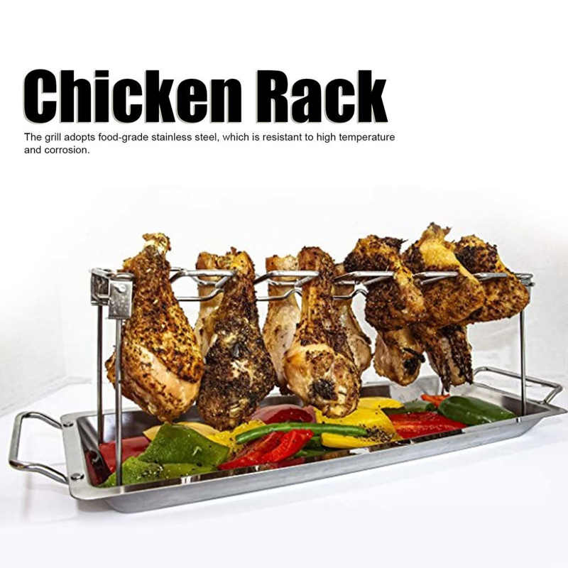 Foldable Stainless Steel BBQ Rack Chicken Leg Grilled Rack Roaster With Drip Pan Barbecue Accessories Dessert BBQ Tool