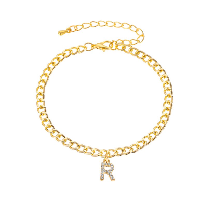 Enkelbandje met gouden letters voor dames, handgemaakt met strass-steentjes en initiaal, met voetketting en sieraden.: R