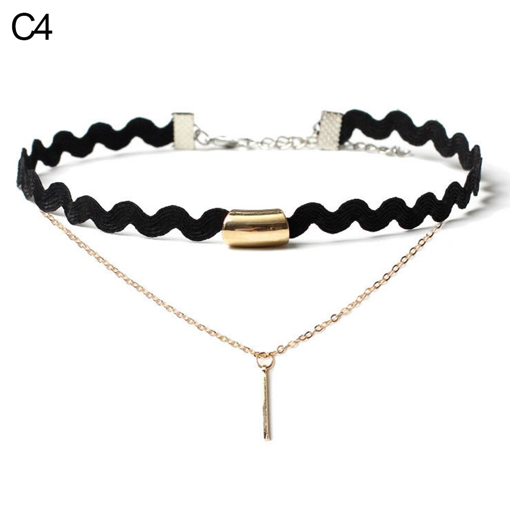 Women\'s Triangle Pendant Flower Lace Layered Wavy Velvet Vintage Choker Necklace: C4