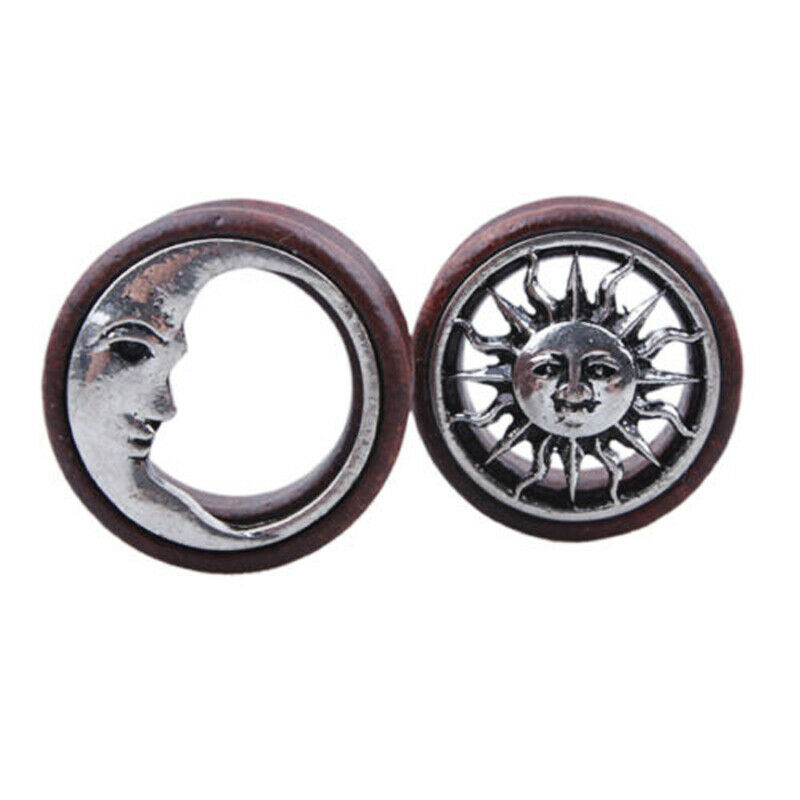 Tapones para los oídos de madera para hombre y mujer, aretes con medidores de luna y sol, expansor de túnel para carne, joyería para Piercing corporal, 2 uds.
