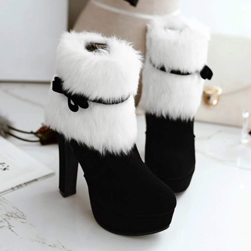 Vrouwen Enkellaarsjes Kerst Hoge Hakken Platform Schoenen Femme Winter Warm Bont Korte Laarzen Rood Zwart Dames Partij Schoenen Plus size