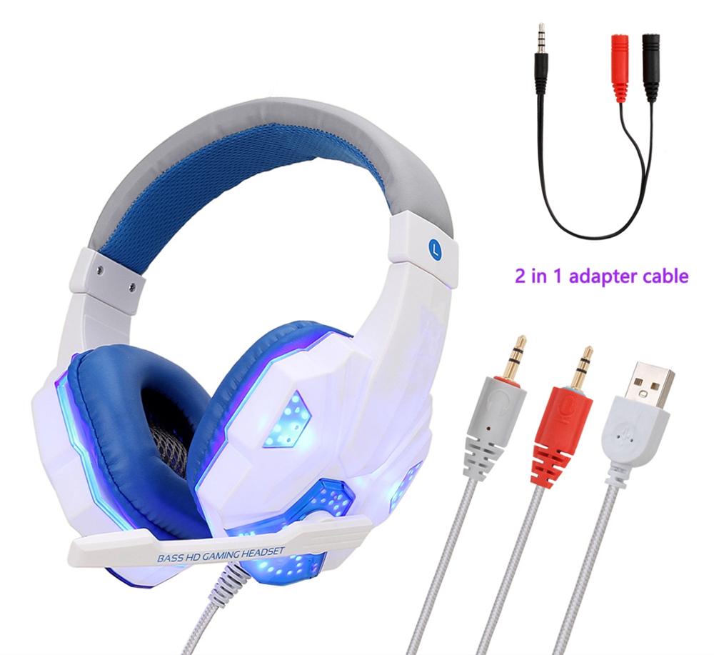 Profissional led luz gamer fone de ouvido para computador ps4 gaming fones de ouvido estéreo baixo ajustável pc com fio fone de ouvido com microfone presentes: WhiteBlue for PC