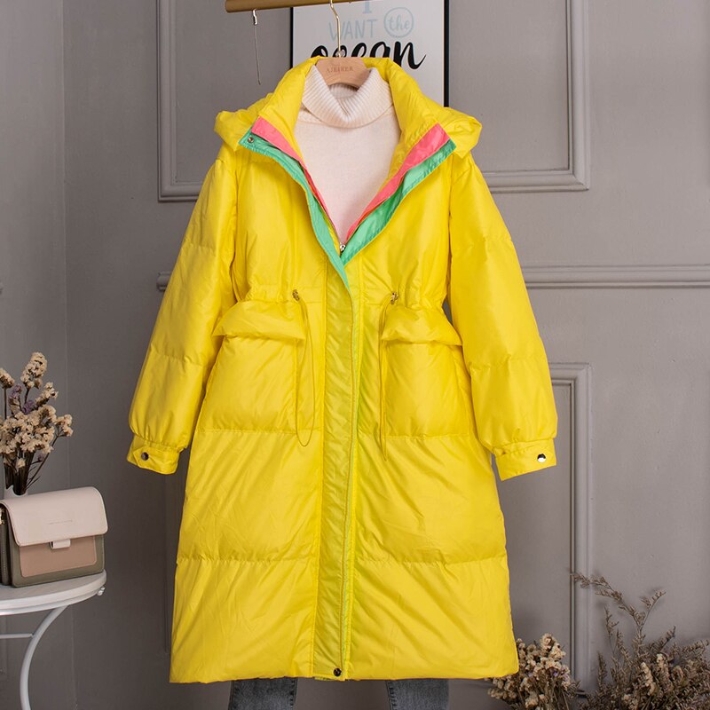 Chaqueta de plumas con capucha para Mujer, Abrigo largo de plumas por encima de la rodilla, Color caramelo Delgado, novedad de invierno: Yellow