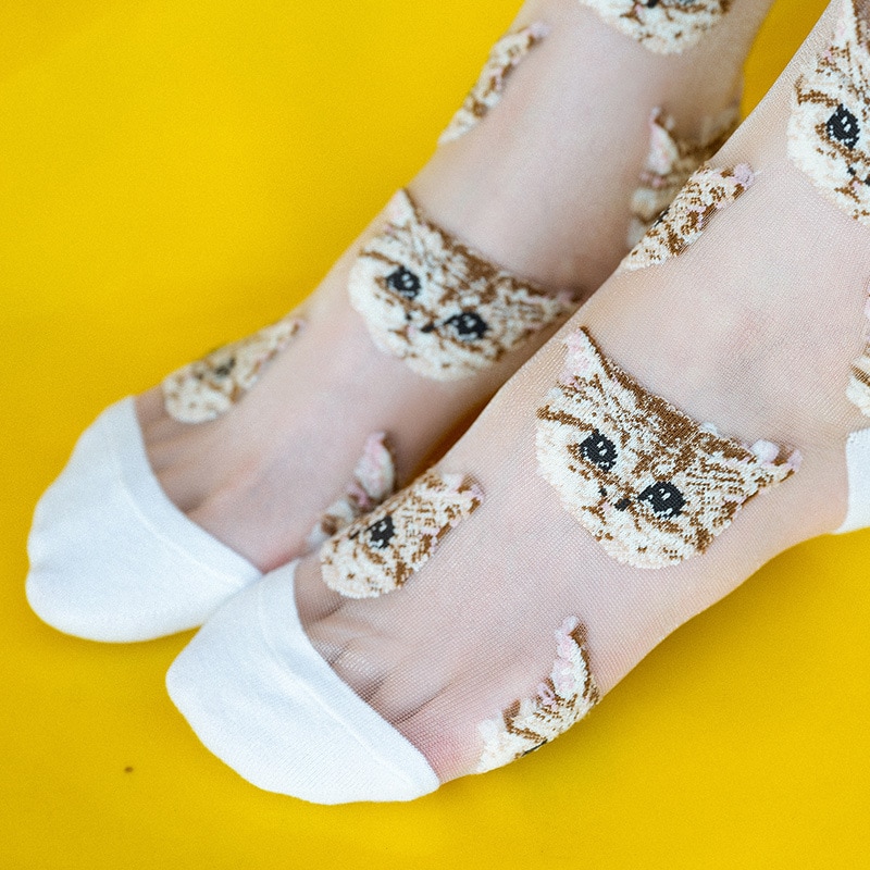 3 par kvinnor och #39 sommar genomskinliga nätstrumpor tecknad söt kattstrumpa bomull glasfilament tunna damstrumpor som andas