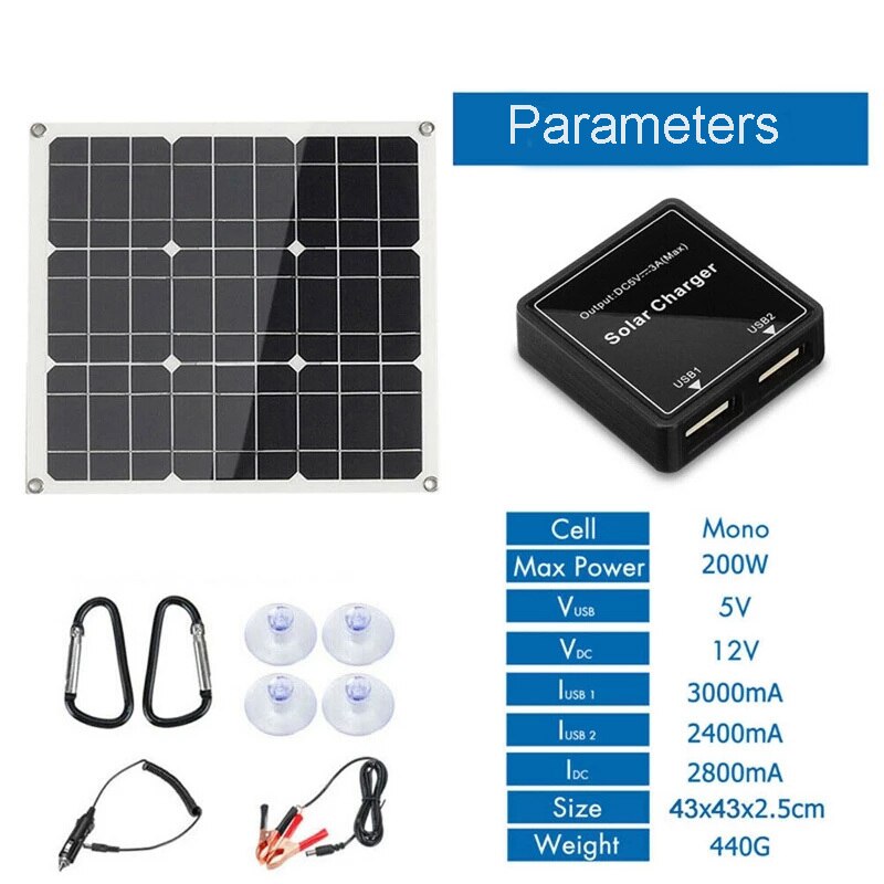 Portable 200 Watt 200W Solar Panel Set Dual-USB with LCD Solar Controller 12V Folding Outdoor Mobile Power Battery Charger