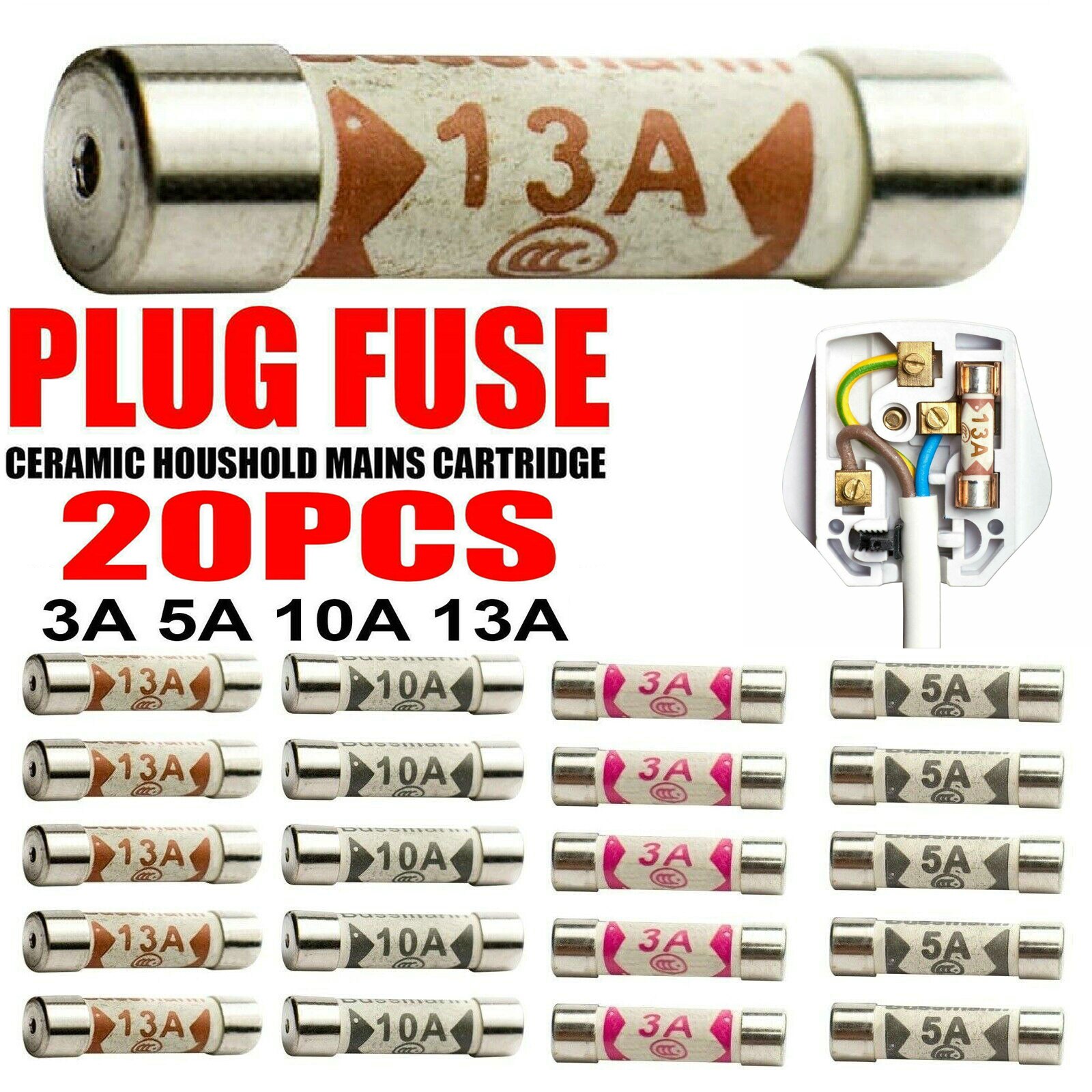 20pcs Mixed Cartridge Ceramic Domestic Fuses 230 V UK Sockets Household Mains Electrical Cartridge Plug Household Tools