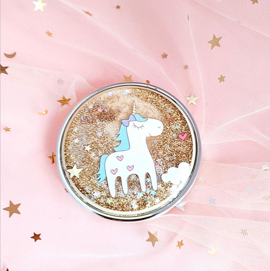 Unicorn Makeup Mirror Compact Pocket Portable Double-Sided Folding Cosmetic Mirror With flowing sparkling sand T0243: Gold