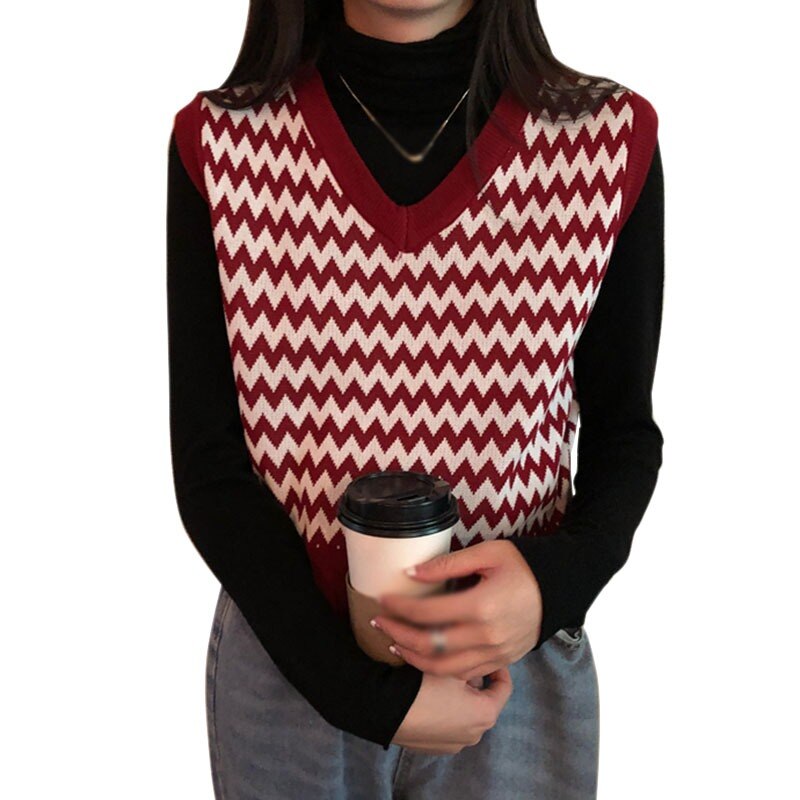 Korean Loose Knitted Sweater Vest Women Retro V-neck Sleeveless Sweater Vests Bottoming Tops: Red