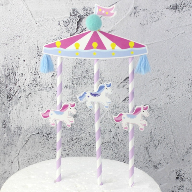 1pc Cute Pink Blue Carousel Birthday Cupcake Toppers Cake Topper Hourse Cake Decoration Baby Shower Party Supplies for Kids