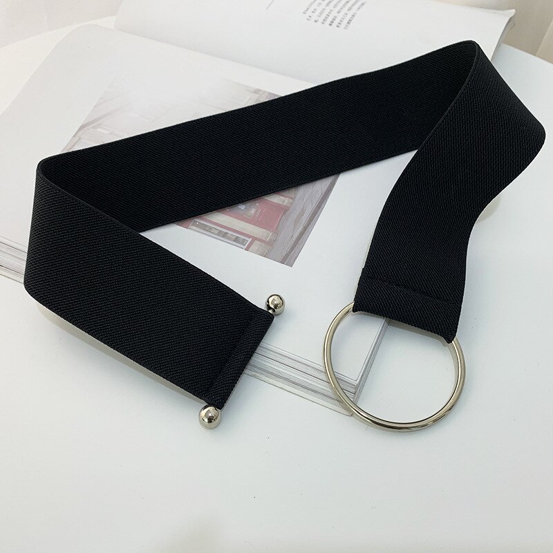 Brede elastische damesriem met effen kleur, accessoires voor jurkriemen, rekbare ronde metalen gespen, dames taillebandaccessoires: Zwart