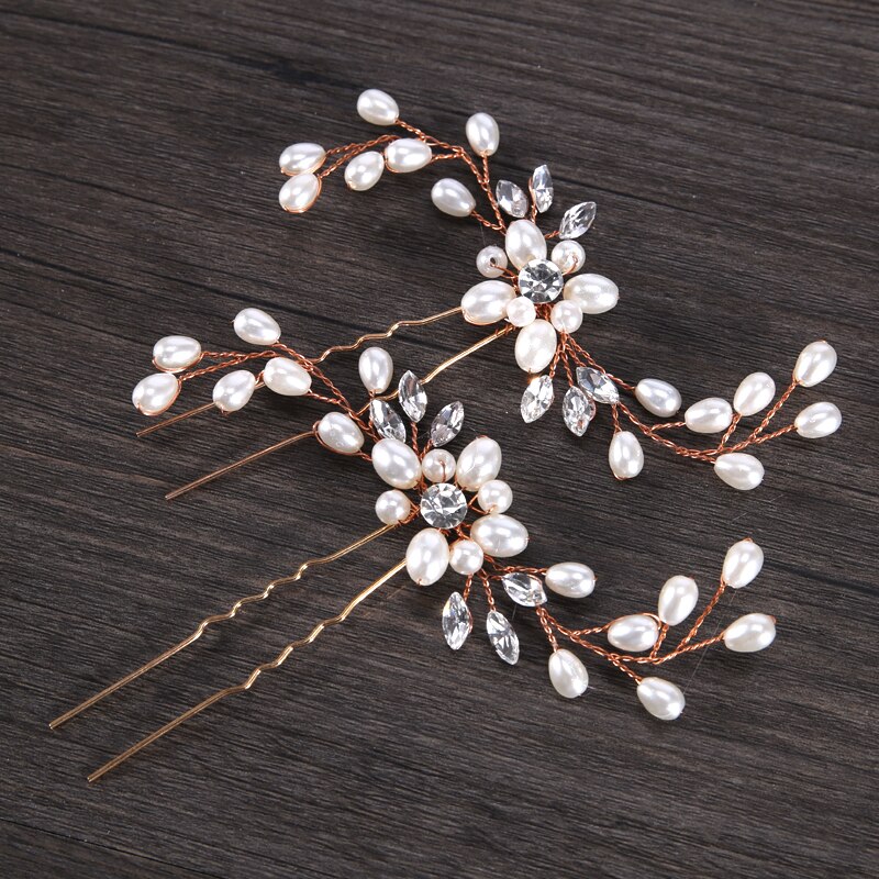 AiliBride 2 pcs Wedding Pearl Hair pins Hair Accessories Women Bridal Headpiece Handmade Hair Jewelry: Rose Gold