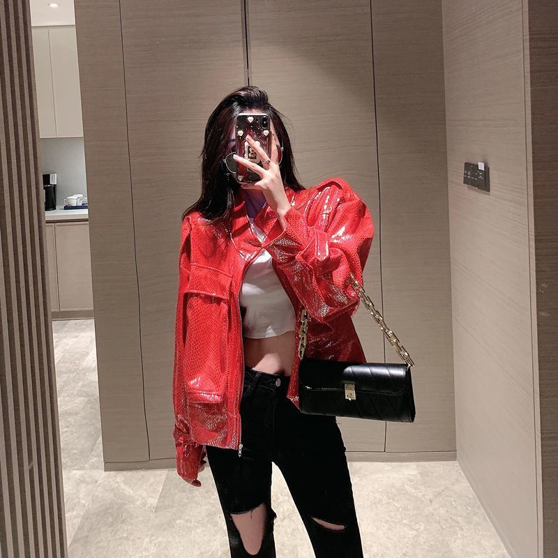 Chaqueta corta de charol para mujer, ropa de calle coreana, cazadora motera de PU, Top cálido de para primavera