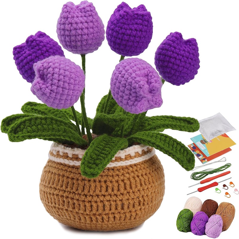 Kit de punto de ganchillo en maceta de flores para principiantes completos, principiantes, tutorial de Video paso a paso: Azul marino