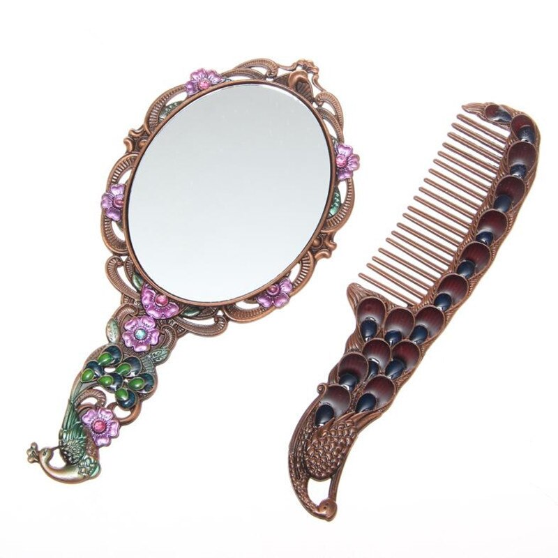 Aishangmei Exquisite Retro peacock makeup mirror maquillaje espejo Metal Portable mirror comb set Cosmetic mirrors