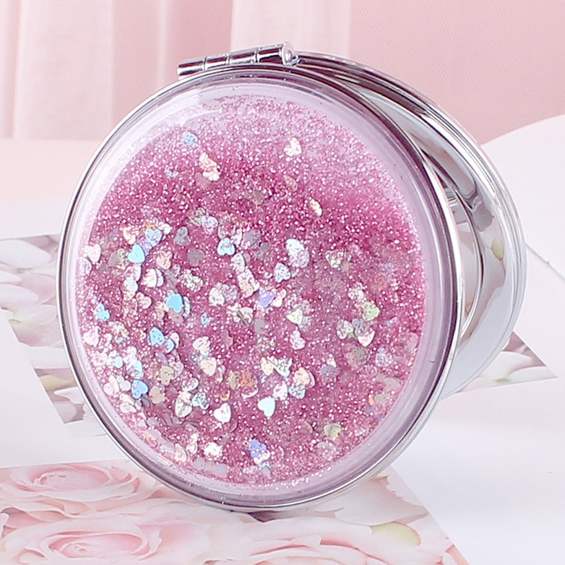 Portable Double-Sided Folding Cosmetic Mirror Female With Flowing Sparkling Sand Mini Makeup Mirror Compact Pocket Mirrors