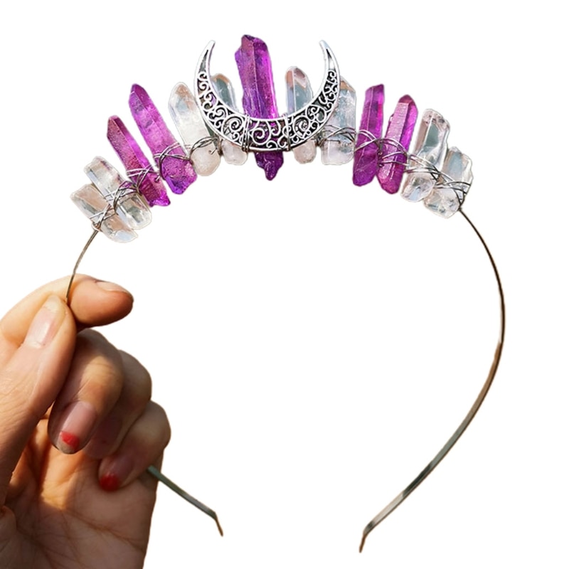 Handmade Faux Raw Crystal Headband Quartz Black Moon Bridal Alloy Tiara Crown Ladies Wedding Party Bridal Jewely Headdress