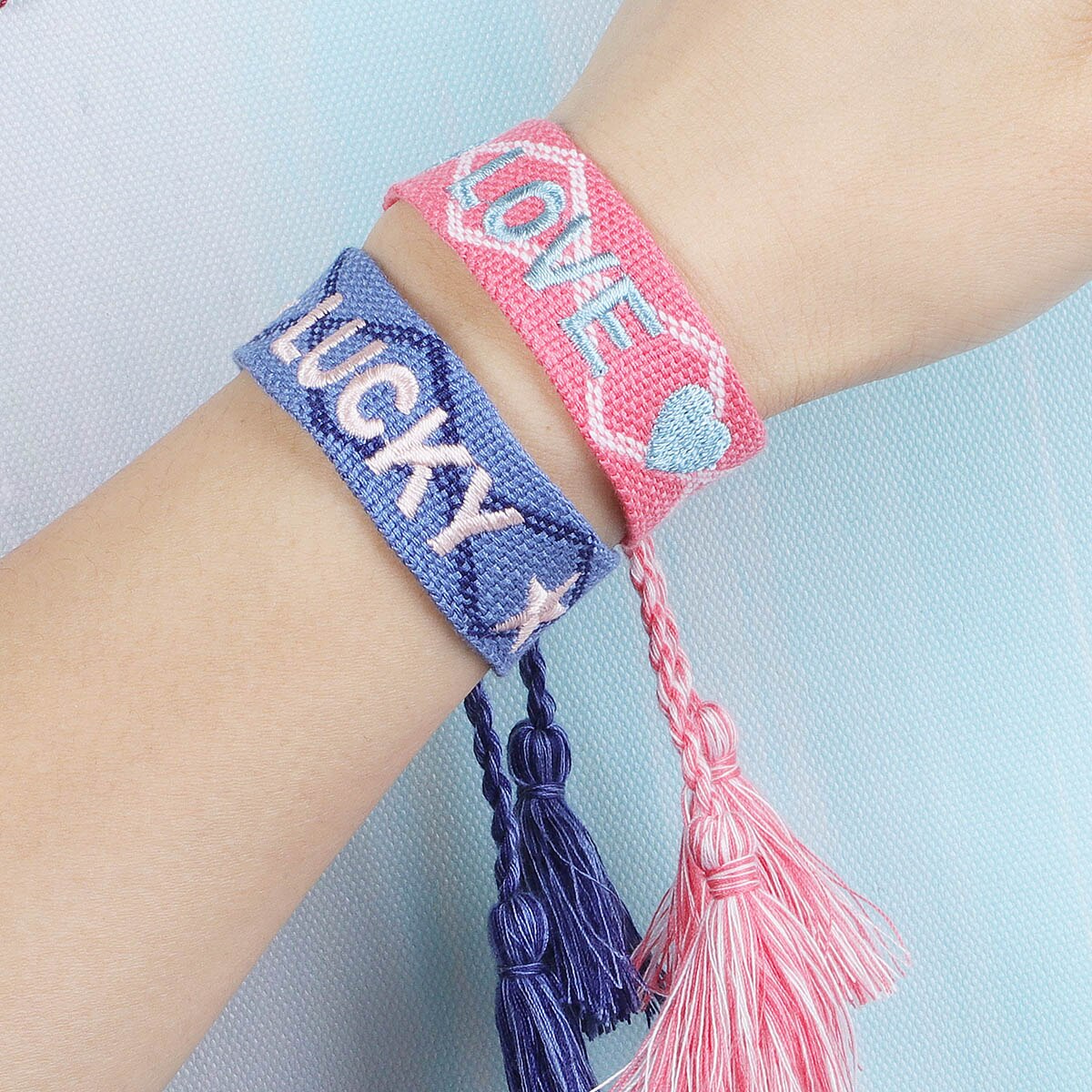 Rosa LIEBE Bestickte aufbringen knapp Geflochtene Armbänder Blau GLÜCK wickeln Armbinde Seil Kette Quaste Armbinde Schmuck Idee