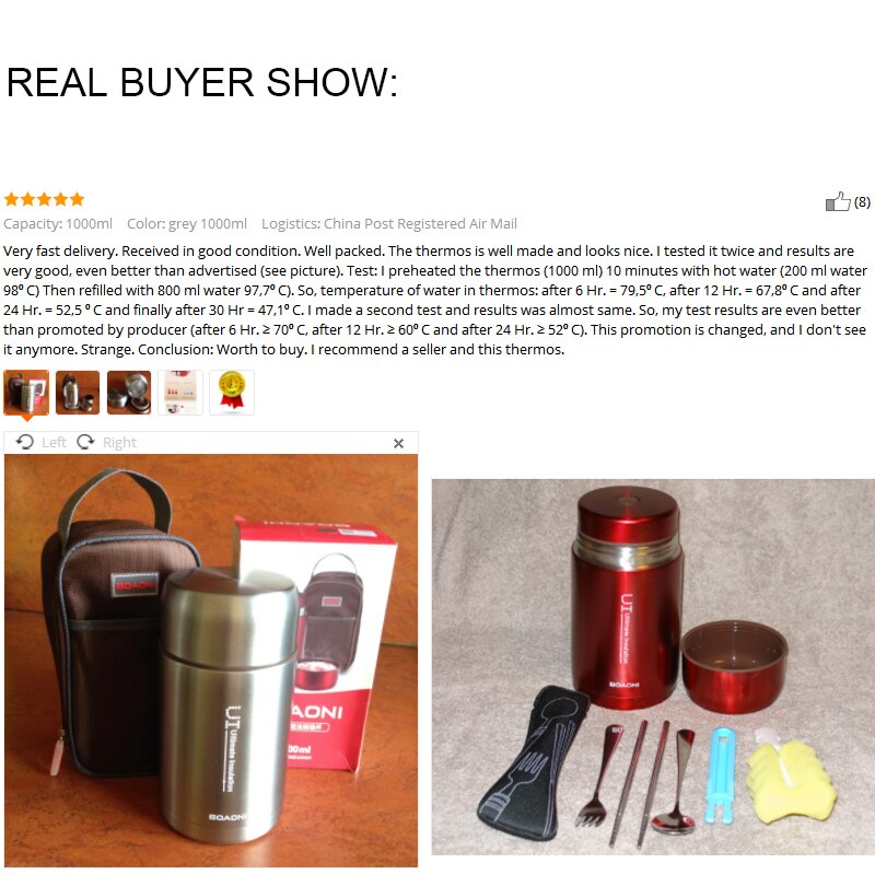 BOAONI 800ml Food Thermal Jar Vacuum Insulated Soup Thermos Containers 18/8 Stainless Steel Lunch Box with Portable Bag