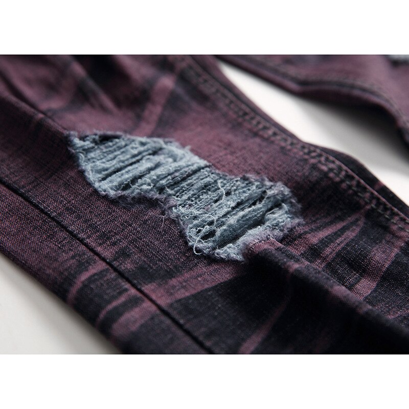 À la déchiré violet jean hommes coupe étroite serré cheville moteur Biker jean hommes pantalon Punk Rock trou couleur contraste jean hommes