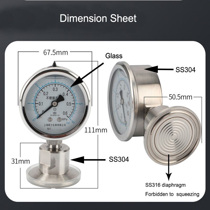 Manometer Tri Clamp Diaphragm Pressure Gauge SS304 Stainless Steel Body SS316 Diaphragm