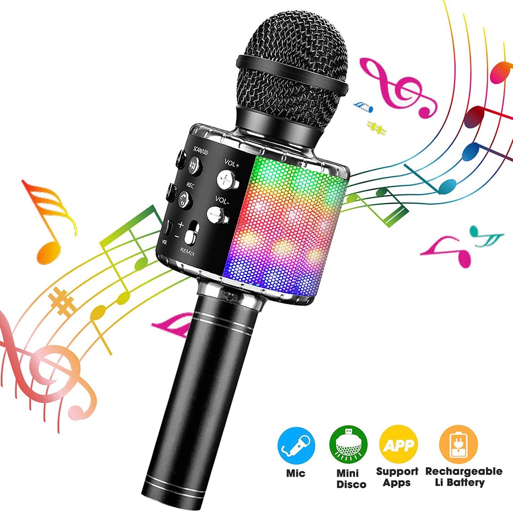 WS858L Portable Bluetooth Karaoke Microphone LED Studio Record Wireless Mic Speaker for Music Playing Singing