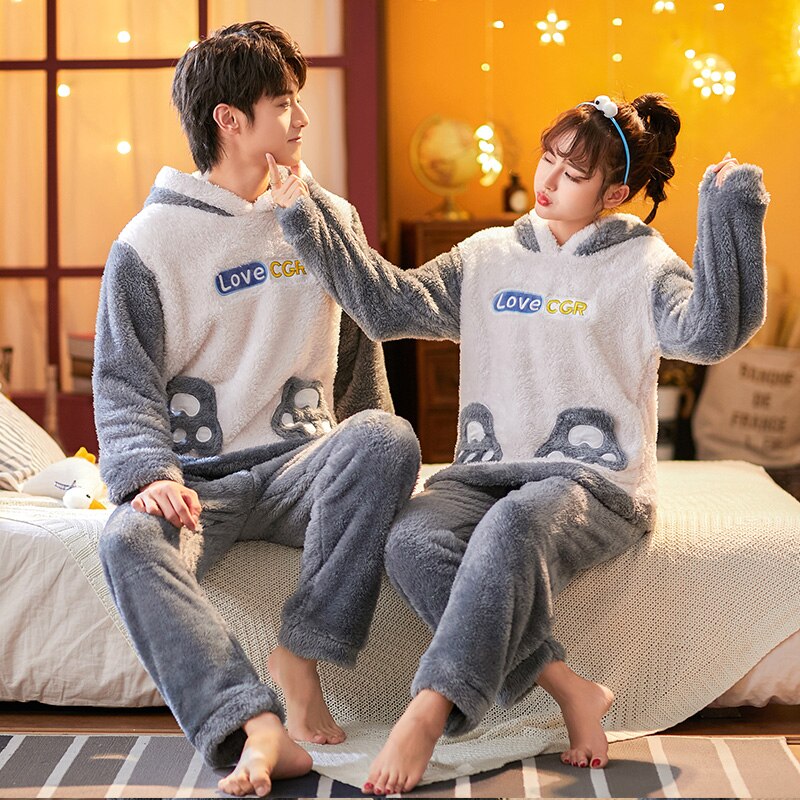 winter coral couple pajamas women thickened men's version of Korean flannel home wear two pieces