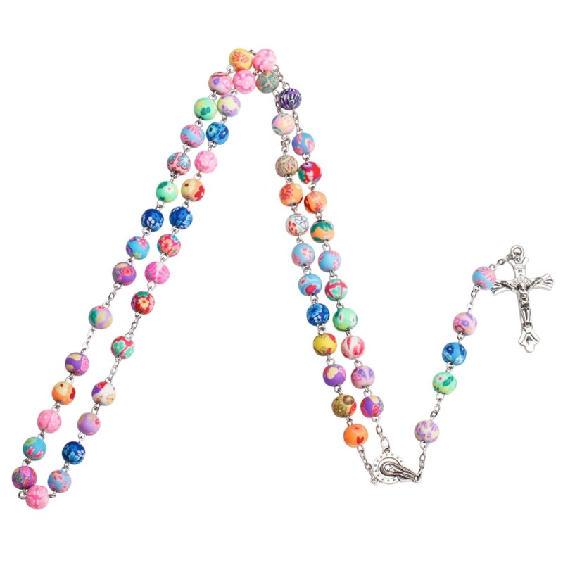 Religieuze Rozenkrans Ketting Kruis Hanger Katholieke Polymer Clay Bead Chain Sieraden QX2E