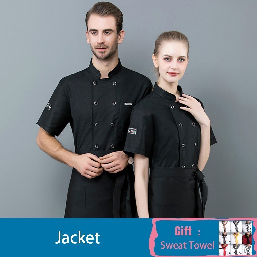 Hotel restaurant køkken kok madlavning uniform kortærmet unisex sommer cafe frisør salon tjener arbejdsjakke gratis tørklæde: Sort / M