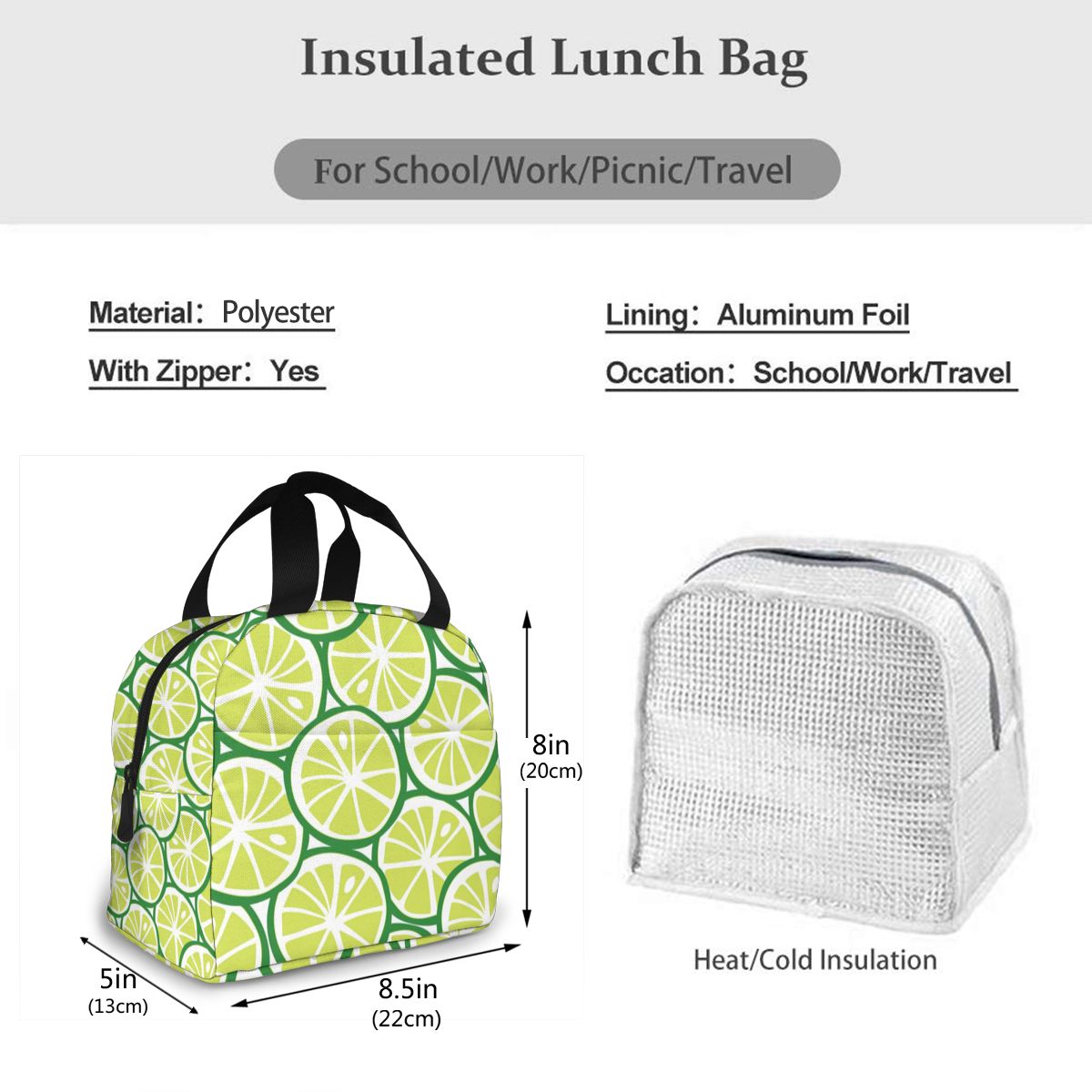 Green Lime Citrus Tropical Summer Lunch Bag Portable Insulated Thermal Cooler Bento Lunch Box Tote Picnic Storage Bag Pouch