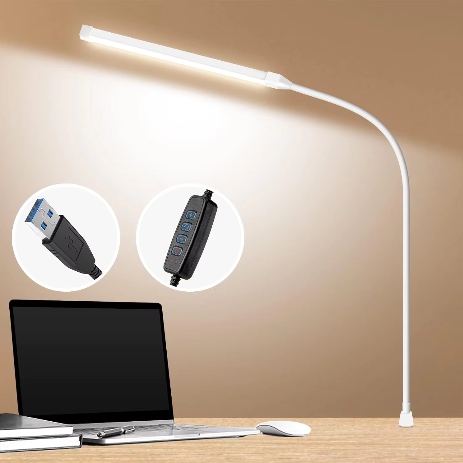 Metalen LED-bureaulamp met klem Oogverzorgend clip-on licht 3 modi 10 instelbare helderheid Lange flexibele zwanenhals voor thuiskantoor