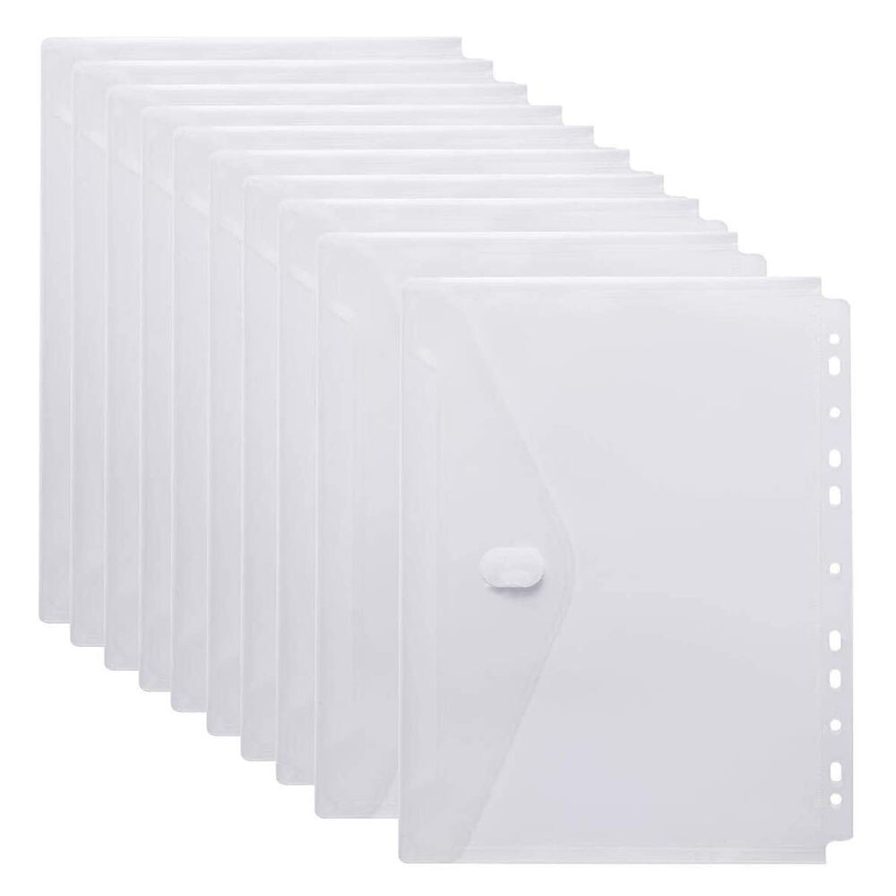 5pcs/Set 11-Hole Clear Plastic Envelope Binder Pockets Folder, A4 Size Paper Document File Bags for 2 /3/4 Ring Binder,5 Packs