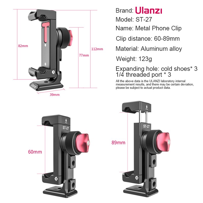 Ulanzi ST-27 Metal Phone Holder Clamp With Cold Shoe Arca 360°Rotatable Smartphone tripod Mount Clip for TikTok Vlog Photography