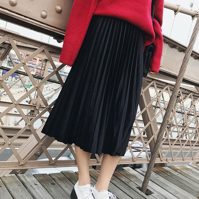 Danjeaner våren kvinnor lång metallic silver maxi plisserad kjol midikjol hög midja elascity casual partykjol vintage: Svart
