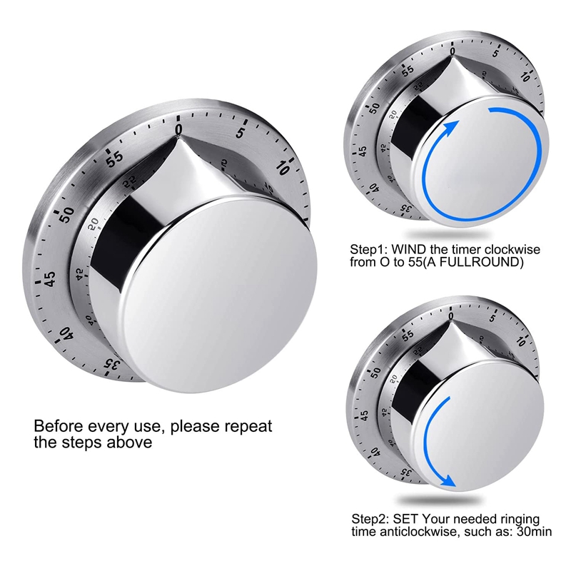 -Kitchen Timer Chef Cooking Timer Clock With Loud Alarm Stainless Steel Timer No Batteries Required Magnetic Backing