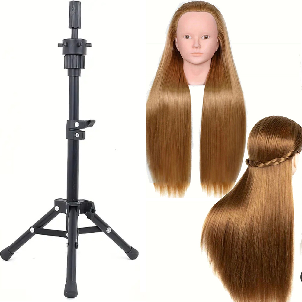 2pcs No makeup Mannequin Head Hair Styling Training Manikin Cosmetology Doll Head Synthetic Fiber Hair and stand: Brown