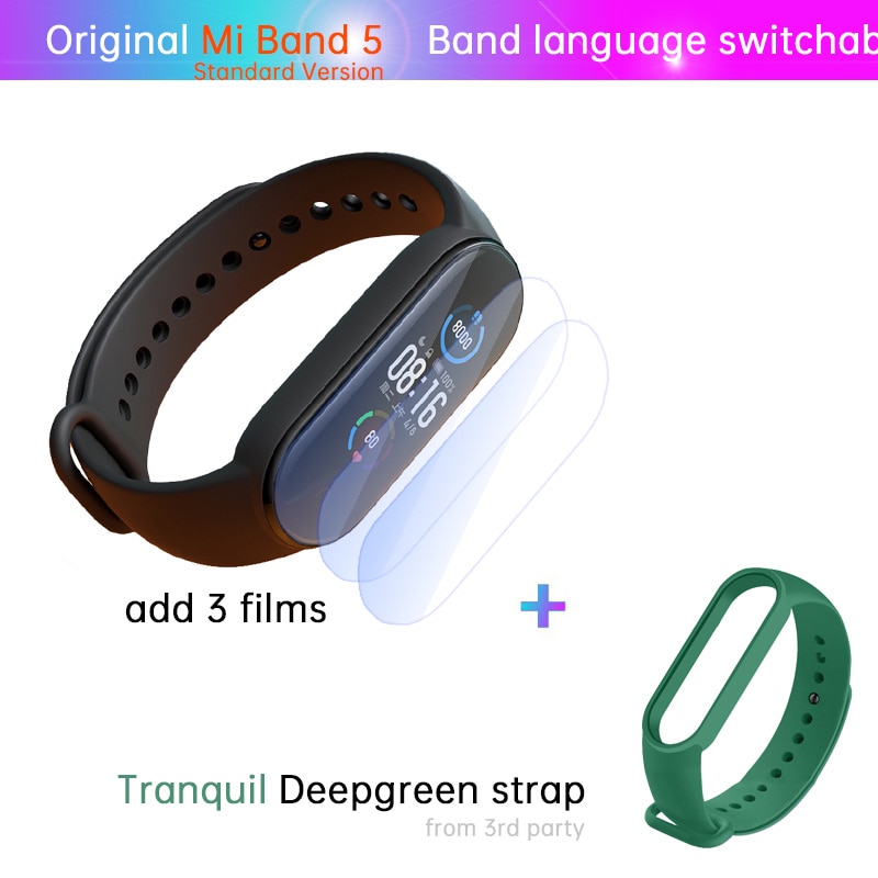 Xiaomi-Pulsera Mi Band 5 de fitness, reloj con monitor deportivo del ritmo cardíaco las 24 horas, carga magnética, sueño REM, siesta, pasos, natación, alarma de recordatorio,: STD n film d green