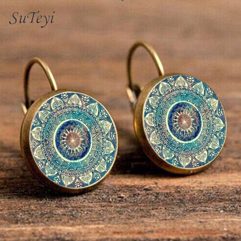 Collana Mandala verde Vintage collana con pendente in vetro di loto con geometria sacra retrò per donna uomo gioielli Boho: Bronze Earrings