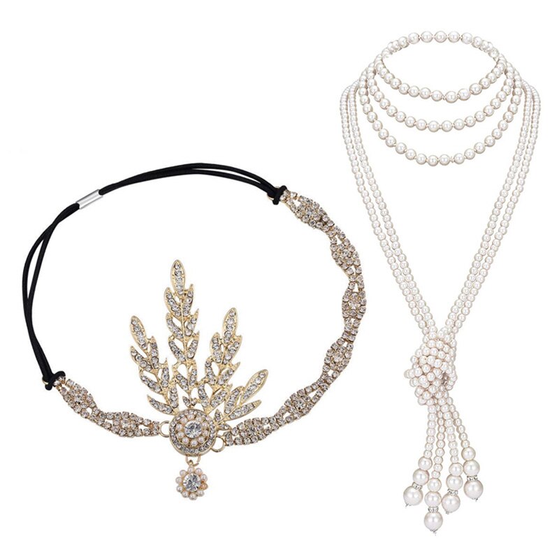 Great Gatsby Accessories Set for Women 1920s Flapper Pearl Necklace Headband Leaf Headpiece Party Costume Jewelry: gold A