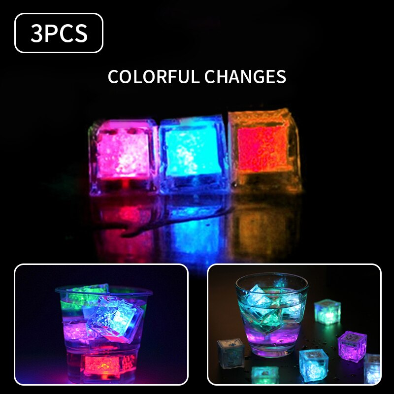 3 stuks led-ijsblokjes, lichtgevende ijsblokjes, kleurrijke vloeistofsensorblokjes voor drankjes, nachtlampje, feestbar, bruiloft, beker, decoratief: A