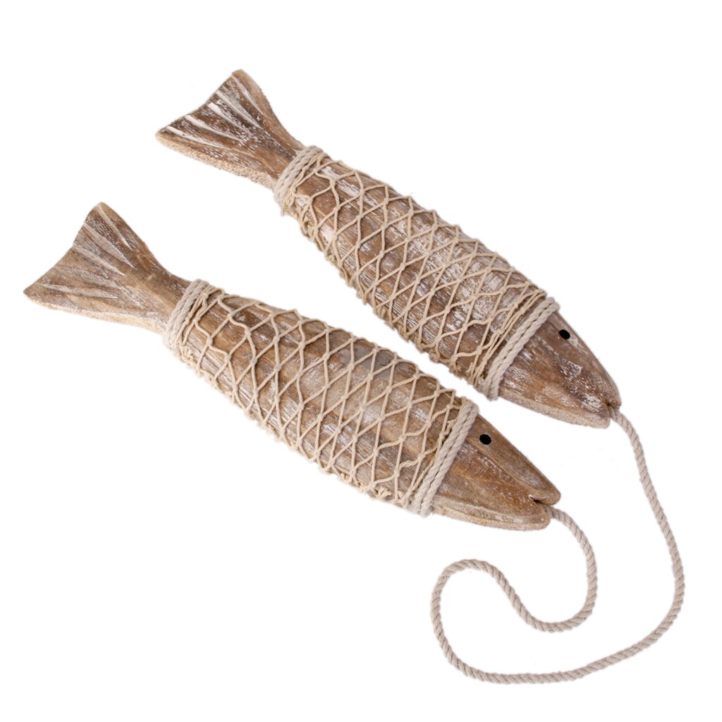 2x Rustic Hand Carved Wooden Marine Fish Hanging Wall Art Room Decor S