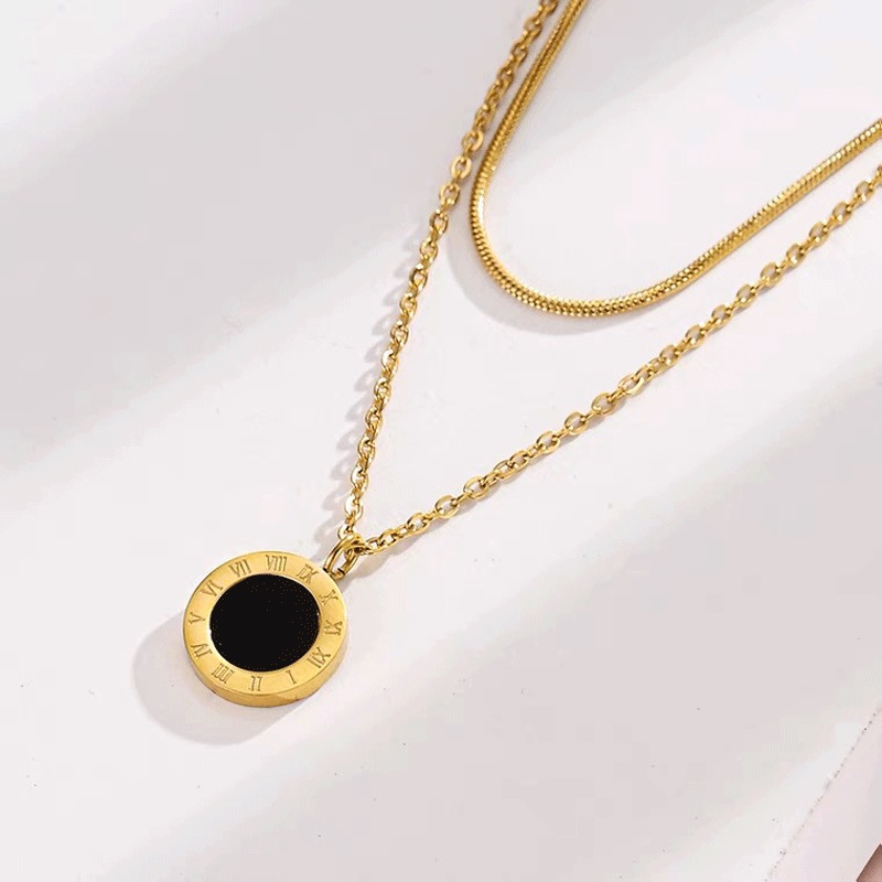 316L Stainless Steel Upscale Jewelry 2 Layer Round Roman Numerals Charms Chain Choker Necklaces Pendants For Women
