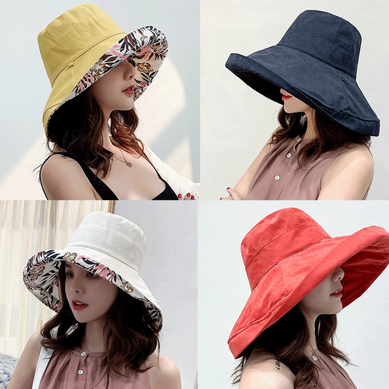 Women's Hat Bucket hat Panamanian Women Four Seasons Fisherman Hat Big Brim Hat Double-Sided Fisherman Hat Sun Visor Cap